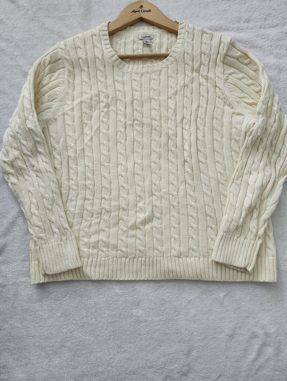 L.L. BEAN Ivory White Cable Knit Fisherman Sweater Cotton XL Petite Cabincore
